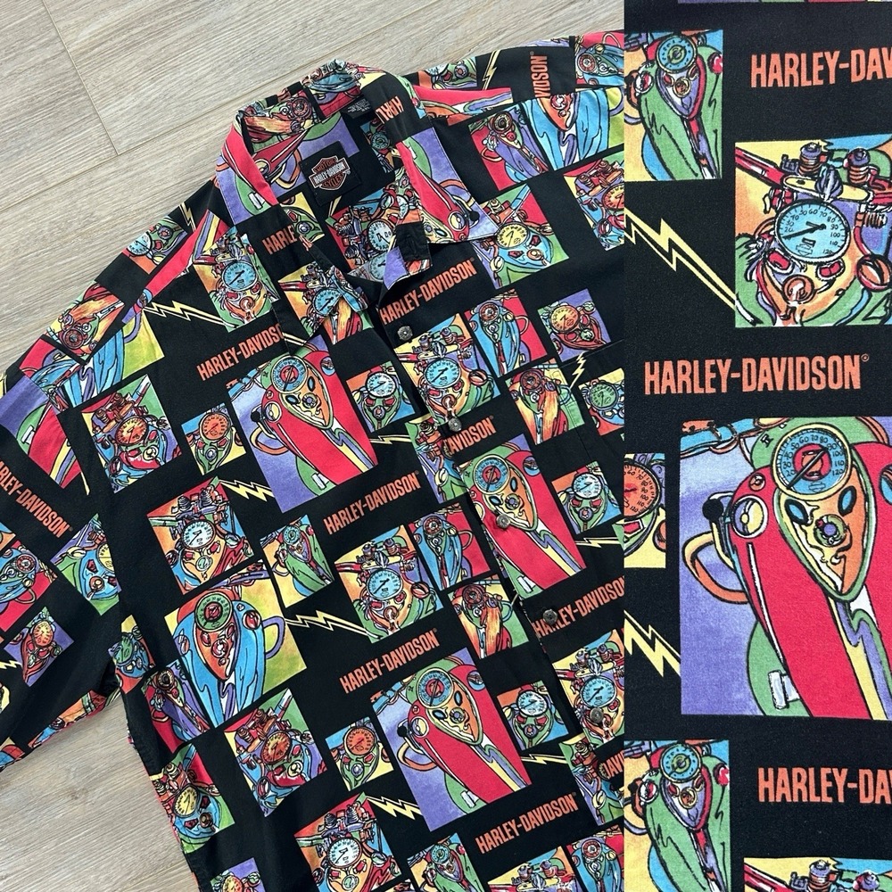 VTG Harley Davidson 2XL Colorful Pop Art Motorcycle Cartoon Camp Button Up